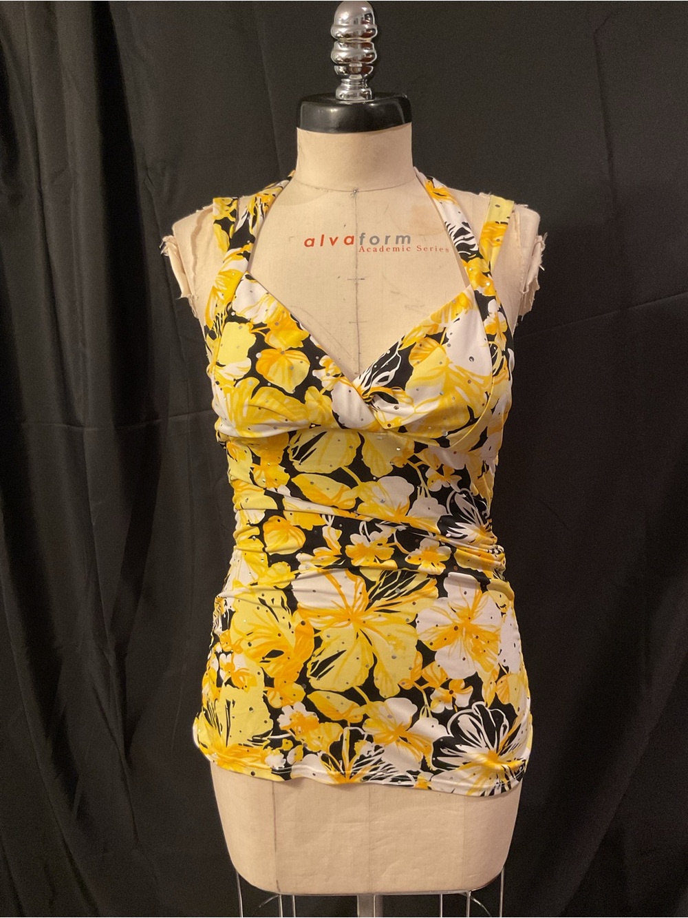 Yellow Floral Halter Tank Top. With Sequin